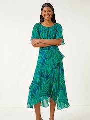 Roman Blue Leaf Print Chiffon Frill Midi Dress - Image 2 of 5