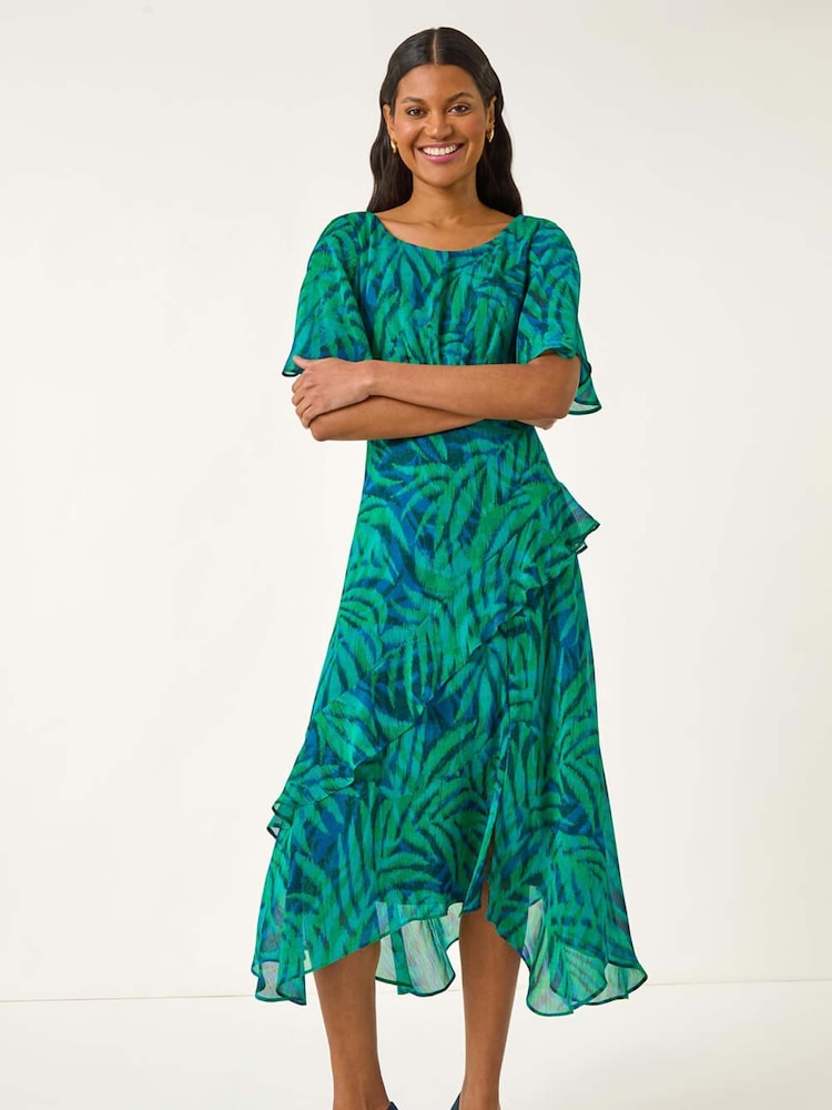 Roman Blue Leaf Print Chiffon Frill Midi Dress - Image 2 of 5