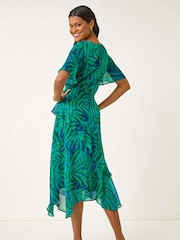 Roman Blue Leaf Print Chiffon Frill Midi Dress - Image 3 of 5
