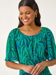 Roman Blue Leaf Print Chiffon Frill Midi Dress - Image 4 of 5