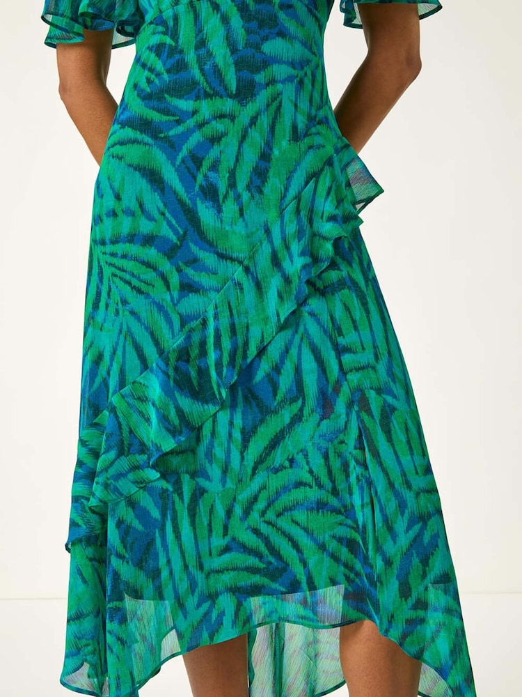 Roman Blue Leaf Print Chiffon Frill Midi Dress - Image 5 of 5