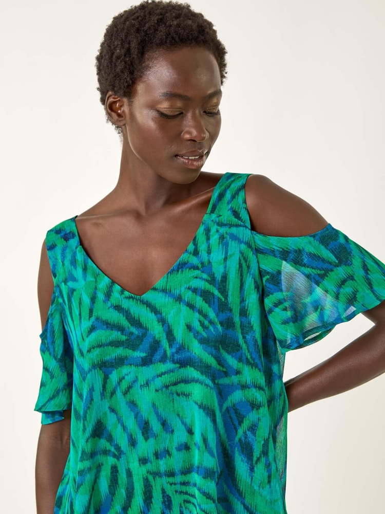 Roman Blue Leaf Print Cold Shoulder Blouse - Image 1 of 5