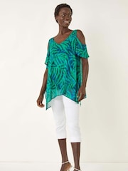 Roman Blue Leaf Print Cold Shoulder Blouse - Image 2 of 5