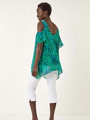 Roman Blue Leaf Print Cold Shoulder Blouse - Image 3 of 5