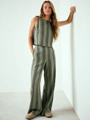Khaki Green Stripe Smart Front Linen Blend Wide Leg Trousers - Image 1 of 8