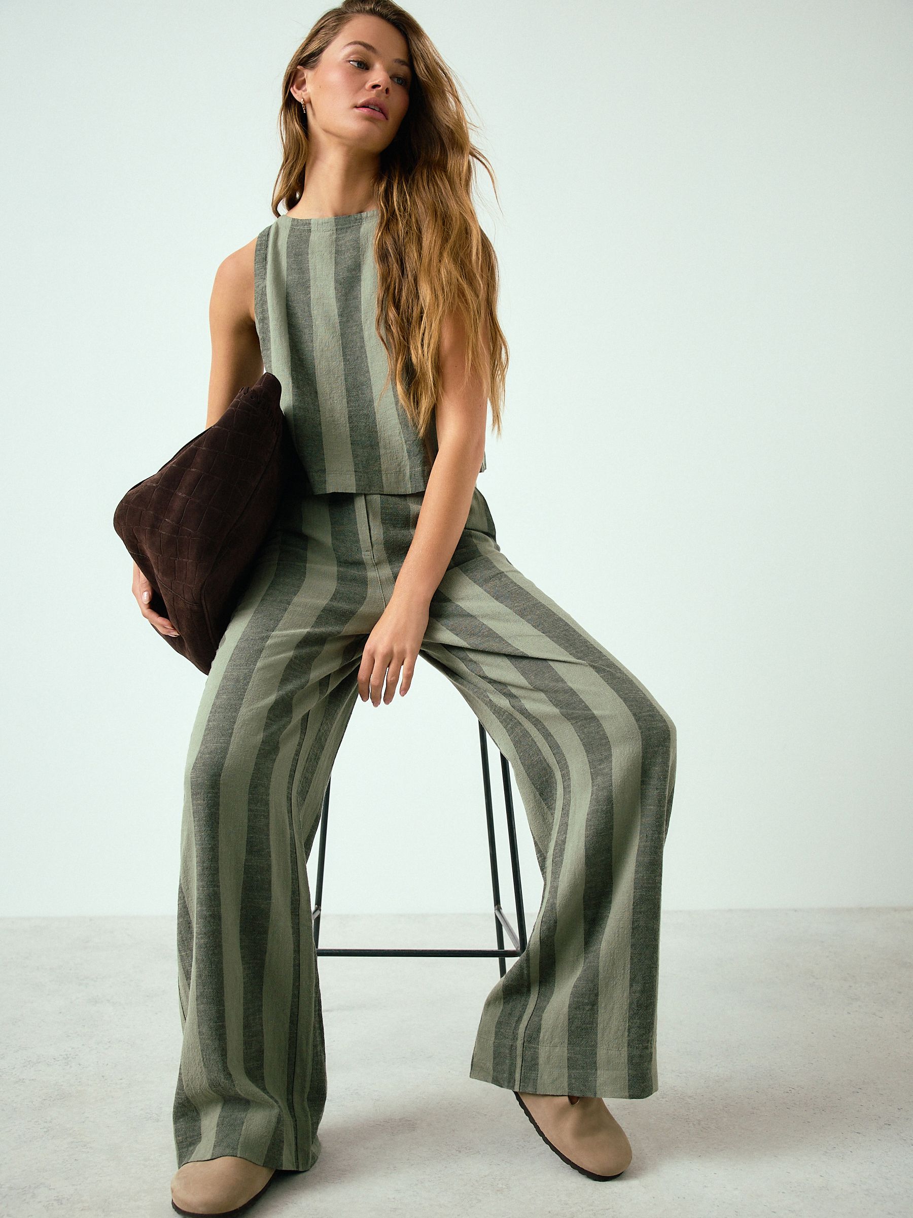 Buy Khaki Green Stripe Smart Front Linen Blend Wide Leg Trousers