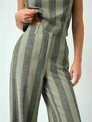 Khaki Green Stripe Smart Front Linen Blend Wide Leg Trousers - Image 5 of 8