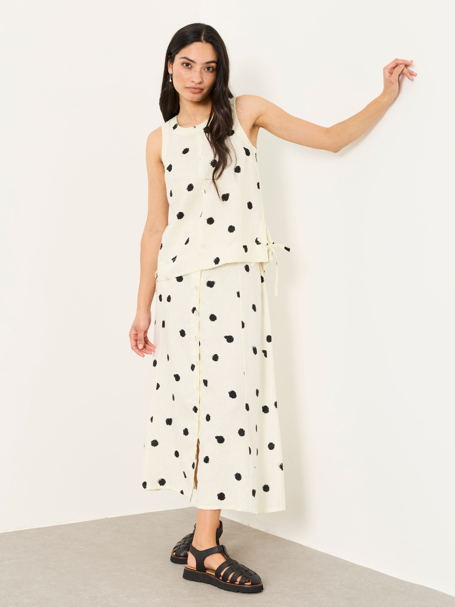 Fat Face Women's Midi Skirt - Linen - Ivory Spot - Size 8 S