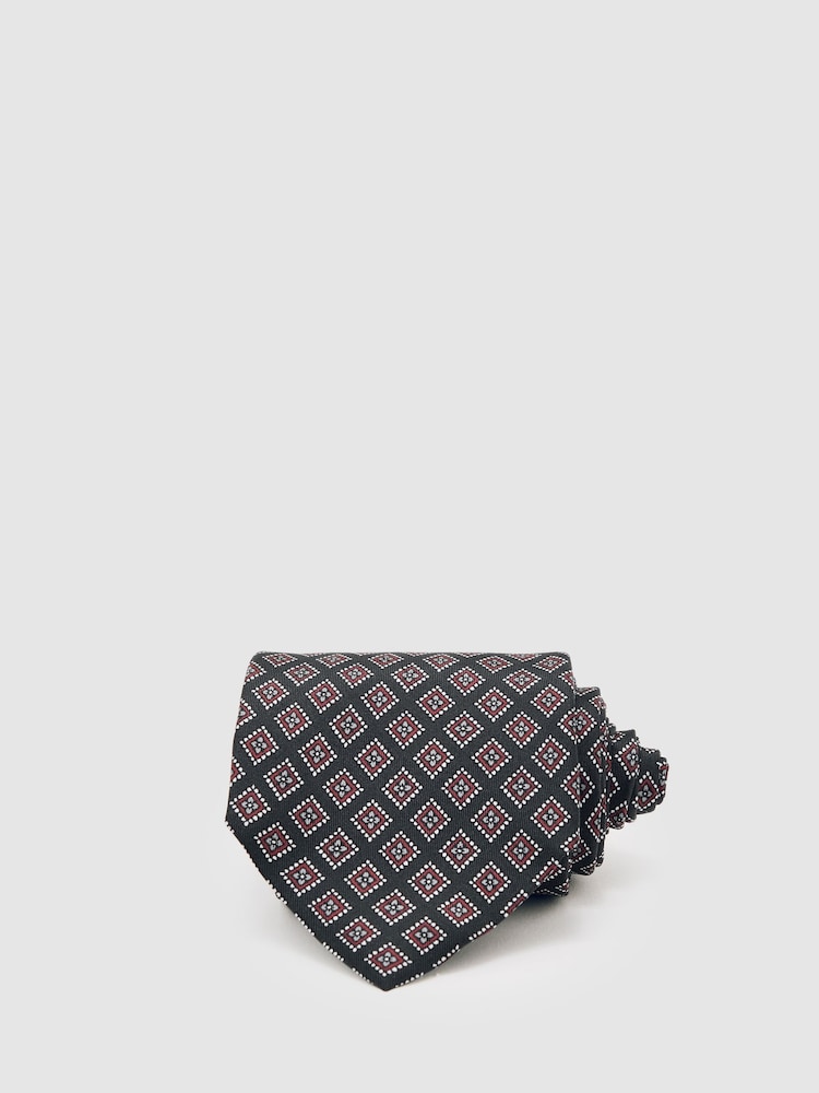 Reiss Charcoal/Bordeaux Bortolo Silk Floral Medallion-Print Tie - Image 1 of 5 Reiss Charcoal/Bordeaux Bortolo Silk Floral Medallion-Print Tie - Image 1 of 5