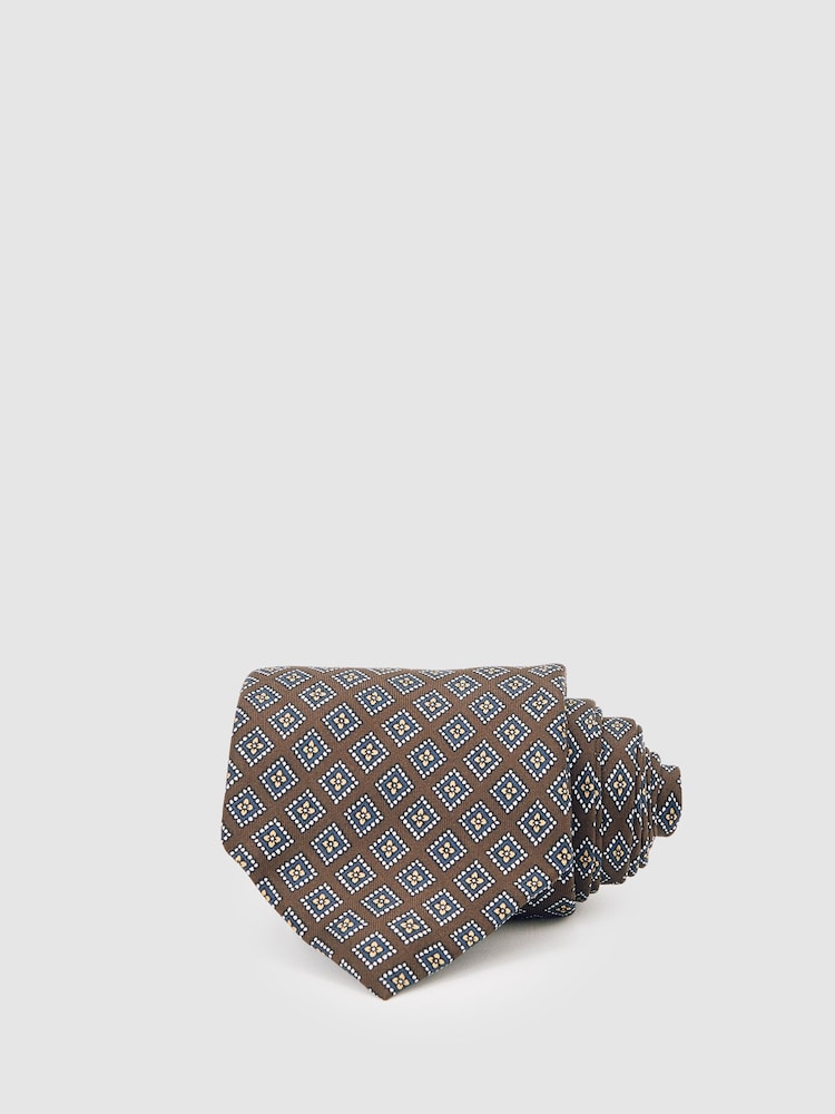 Reiss Chocolate/Charcoal Bortolo Silk Floral Medallion-Print Tie - Image 1 of 5 Reiss Chocolate/Charcoal Bortolo Silk Floral Medallion-Print Tie - Image 1 of 5