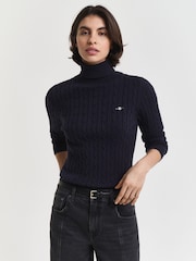 GANT Blue Stretch Cotton Cable Knit Turtleneck Jumper - Image 1 of 4
