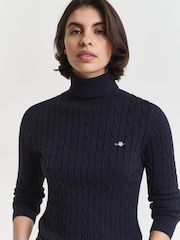 GANT Blue Stretch Cotton Cable Knit Turtleneck Jumper - Image 4 of 4