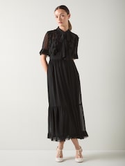 LK Bennett Black Corissa Viscose Frill Detail Chiffon Shirt Dress - Image 1 of 4