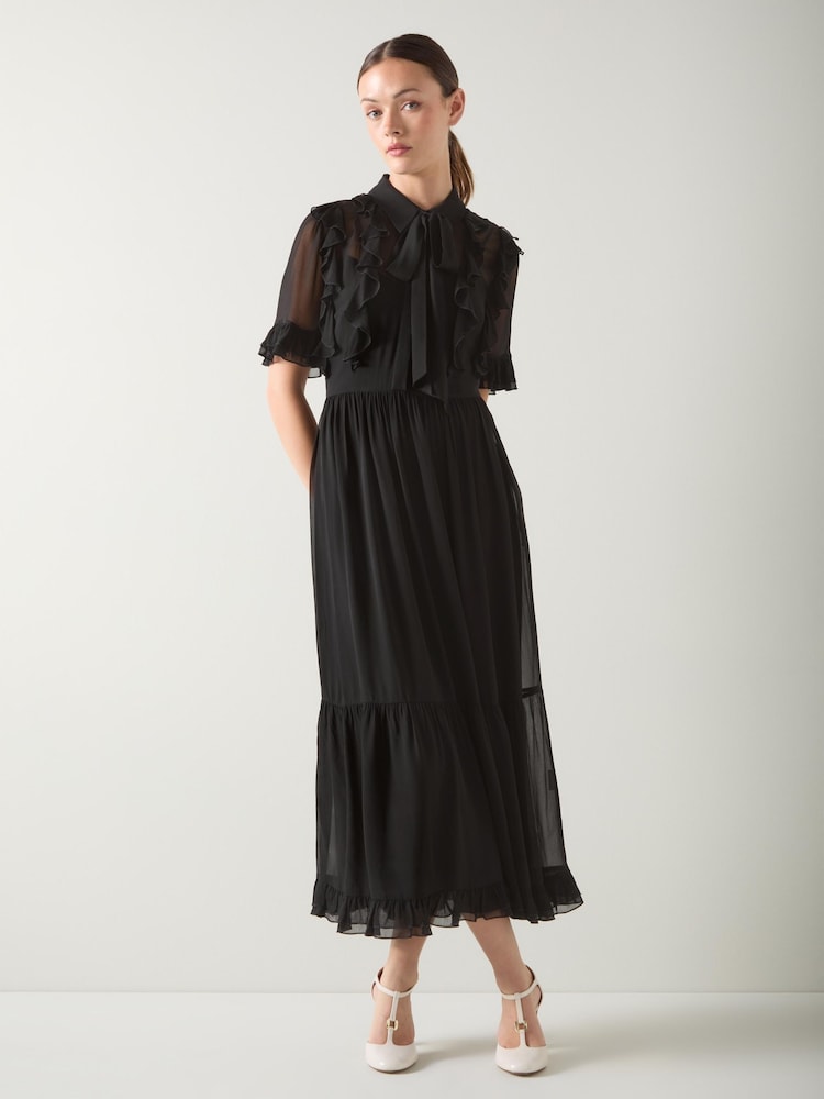LK Bennett Black Corissa Viscose Frill Detail Chiffon Shirt Dress - Image 1 of 4