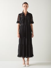 LK Bennett Black Corissa Viscose Frill Detail Chiffon Shirt Dress - Image 2 of 4