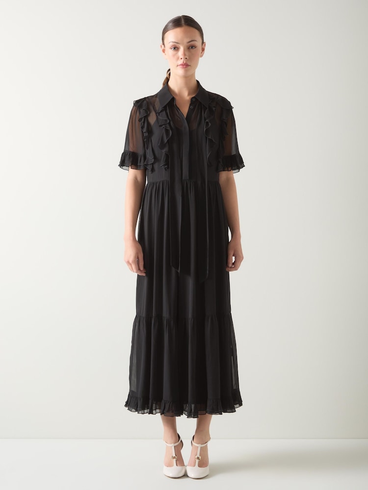 LK Bennett Black Corissa Viscose Frill Detail Chiffon Shirt Dress - Image 2 of 4