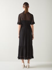 LK Bennett Black Corissa Viscose Frill Detail Chiffon Shirt Dress - Image 3 of 4
