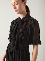 LK Bennett Black Corissa Viscose Frill Detail Chiffon Shirt Dress - Image 4 of 4