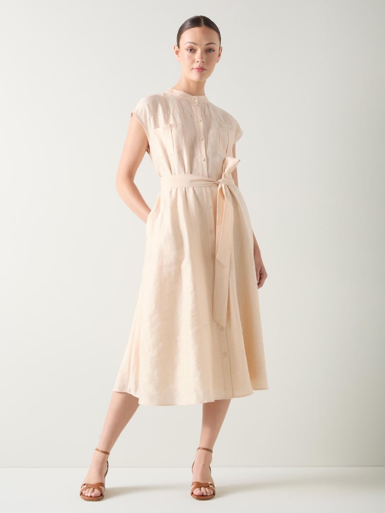 Vestido utilitário com cinto LK Bennett Fran Pale Stone em mistura de linho - Imagem 1 de 4