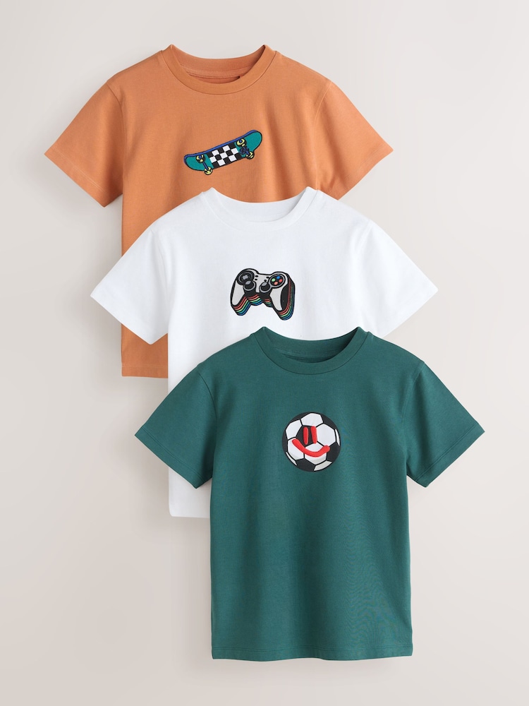 Green/White/Orange Regular Fit Graphic Print Short Sleeve T-Shirts 3 Pack (3-16yrs) - Image 1 of 7 Green/White/Orange Regular Fit Graphic Print Short Sleeve T-Shirts 3 Pack (3-16yrs) - Image 1 of 7