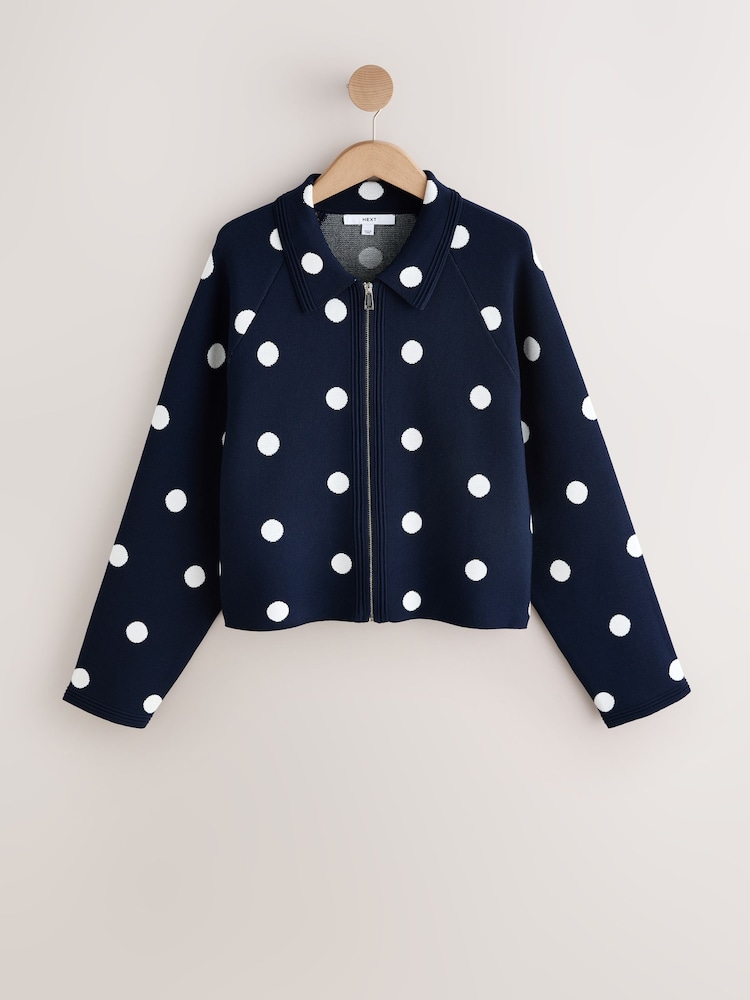 Navy Polka Dots Smart Collar Zip Up Knitted Jacket - Image 1 of 3 Navy Polka Dots Smart Collar Zip Up Knitted Jacket - Image 1 of 3