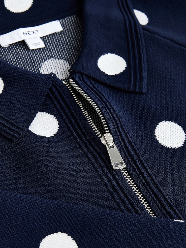 Navy Polka Dots Smart Collar Zip Up Knitted Jacket - Image 2 of 3 Navy Polka Dots Smart Collar Zip Up Knitted Jacket - Image 2 of 3