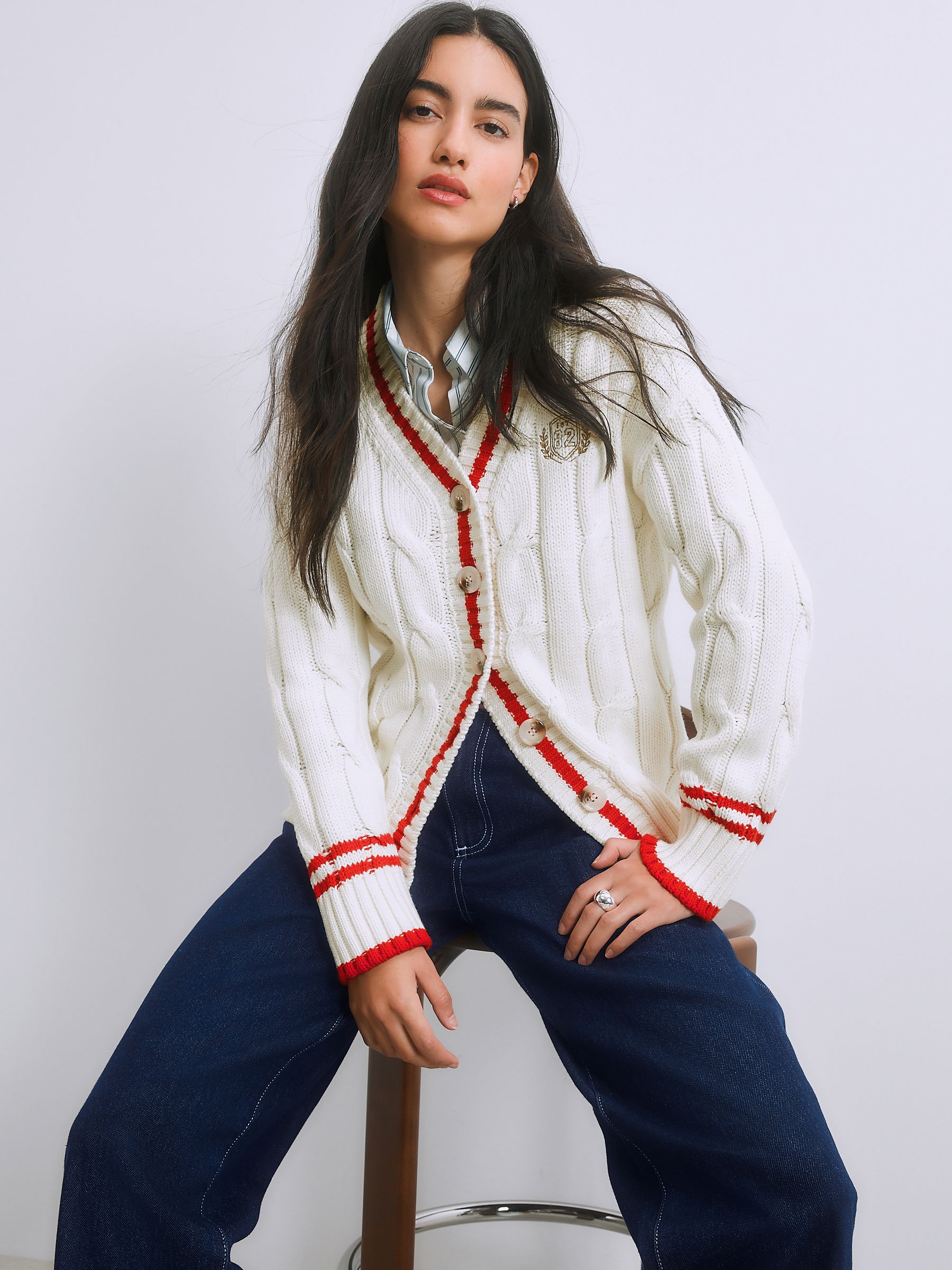 Buy Ecru/Red Tipped Cotton Cable Knit V-Neck Cardigan from Next USA
