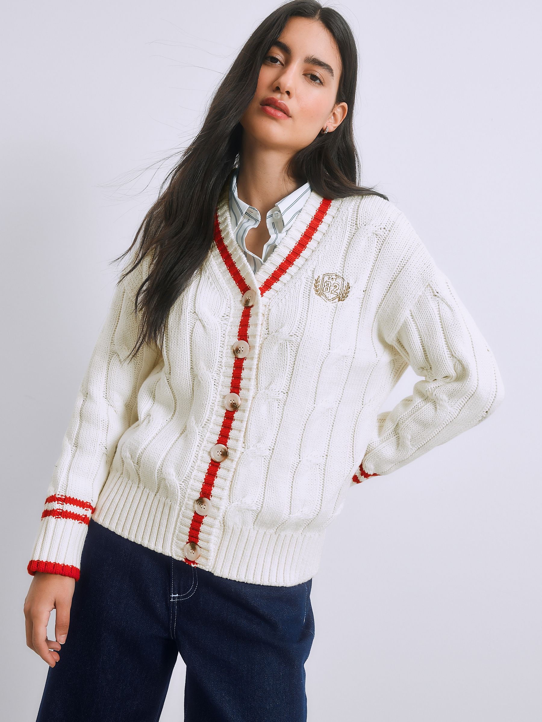Buy Ecru/Red Tipped Cotton Cable Knit V-Neck Cardigan from Next USA