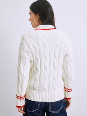 Ecru/Red Tipped Cotton Cable Knit V-Neck Cardigan - Image 4 of 8