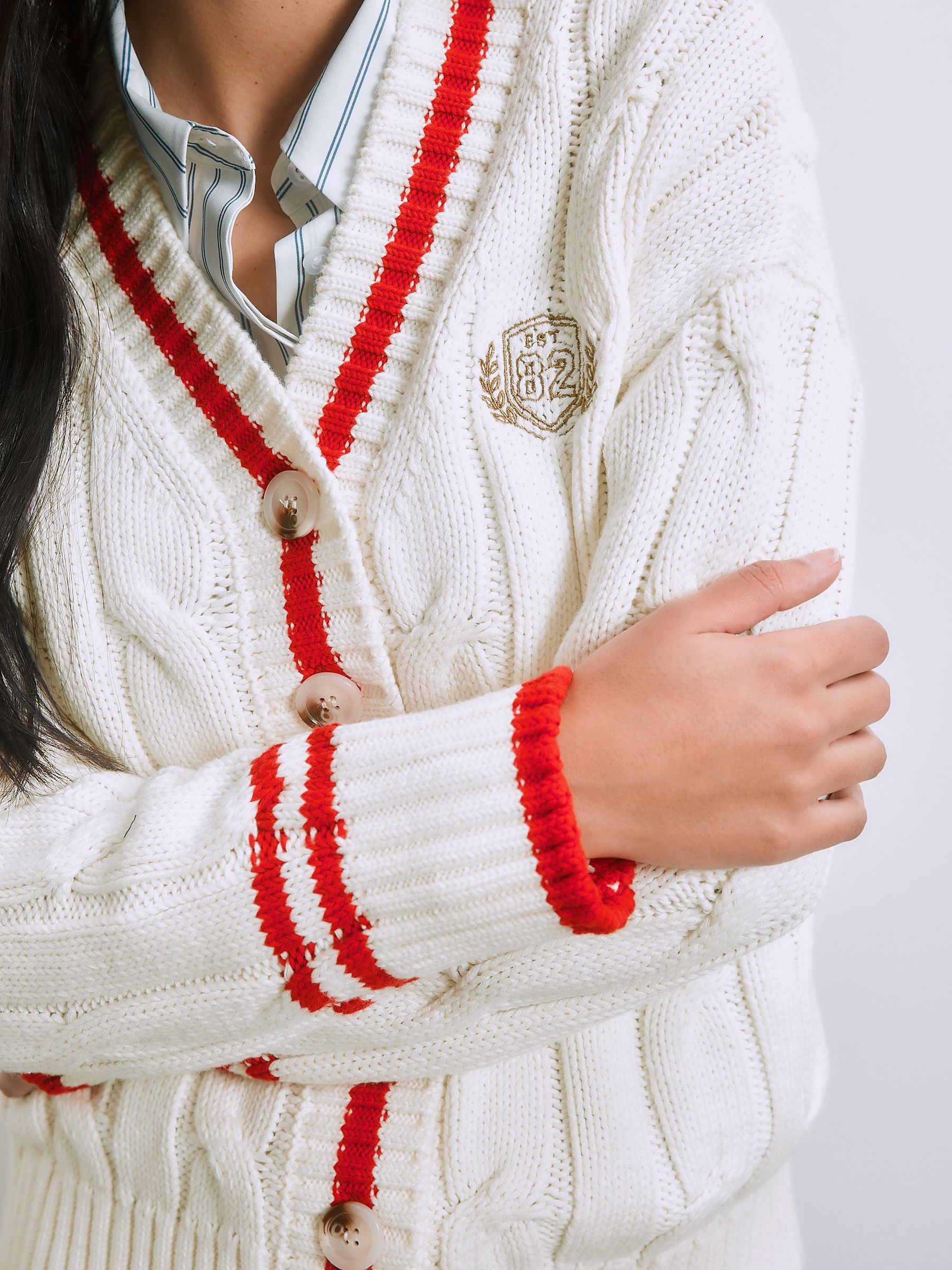 Buy Ecru/Red Tipped Cotton Cable Knit V-Neck Cardigan from Next USA