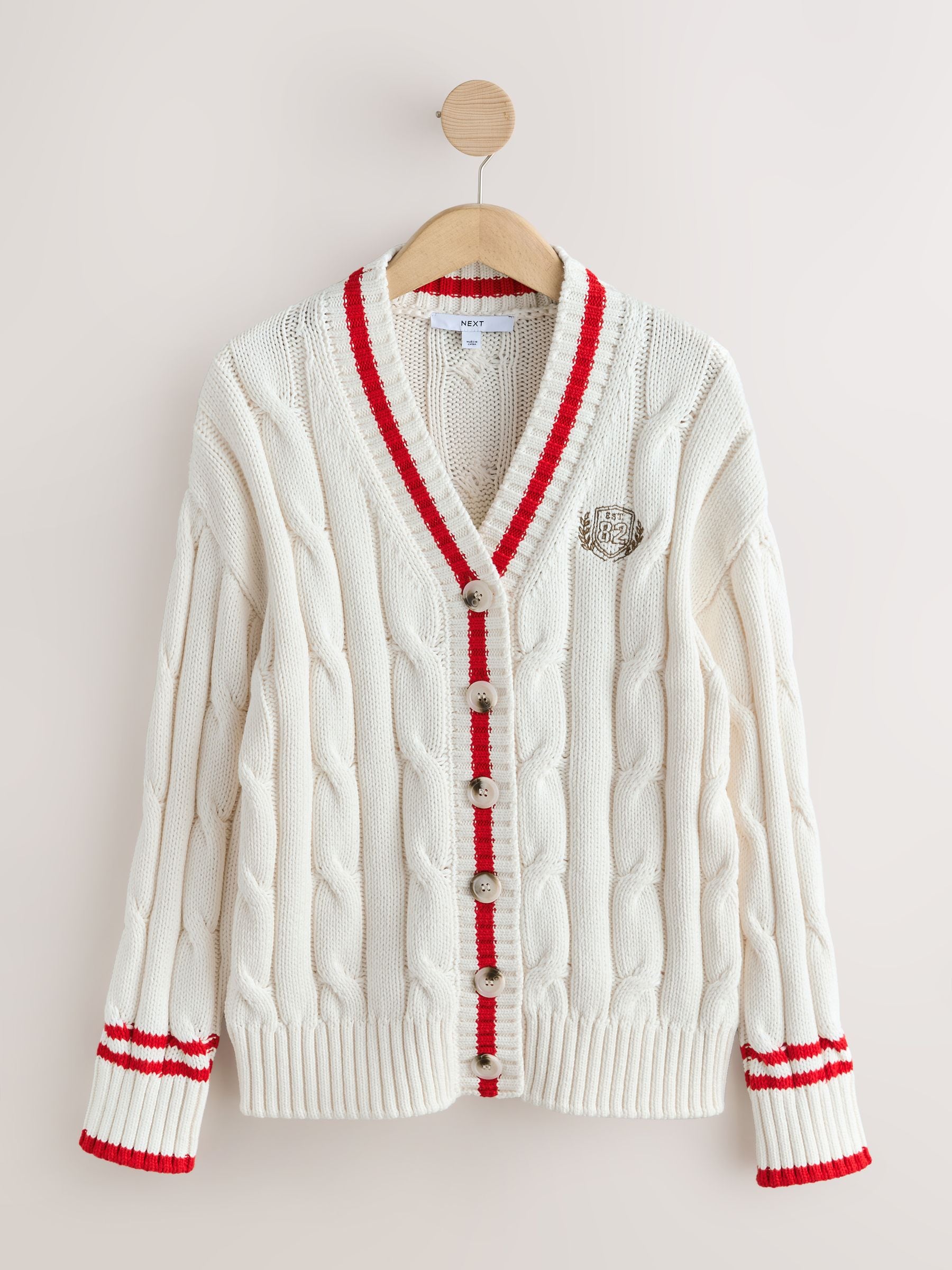 Buy Ecru/Red Tipped Cotton Cable Knit V-Neck Cardigan from Next USA