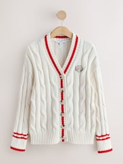 Ecru/Red Tipped Cotton Cable Knit V-Neck Cardigan - Image 6 of 8
