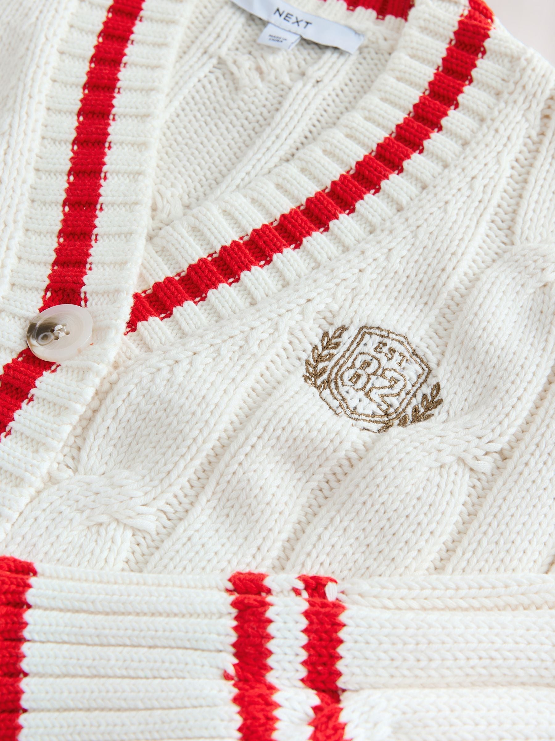 Buy Ecru/Red Tipped Cotton Cable Knit V-Neck Cardigan from Next USA