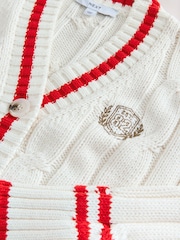 Ecru/Red Tipped Cotton Cable Knit V-Neck Cardigan - Image 8 of 8