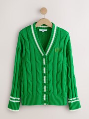 Bright Green Tipped Cotton Cable Knit V-Neck Cardigan - Image 1 of 3