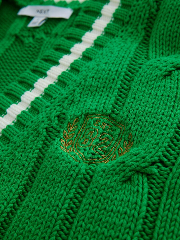 Bright Green Tipped Cotton Cable Knit V-Neck Cardigan - Image 3 of 3