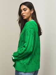 Bright Green Tipped Cotton Cable Knit V-Neck Cardigan - Image 4 of 8