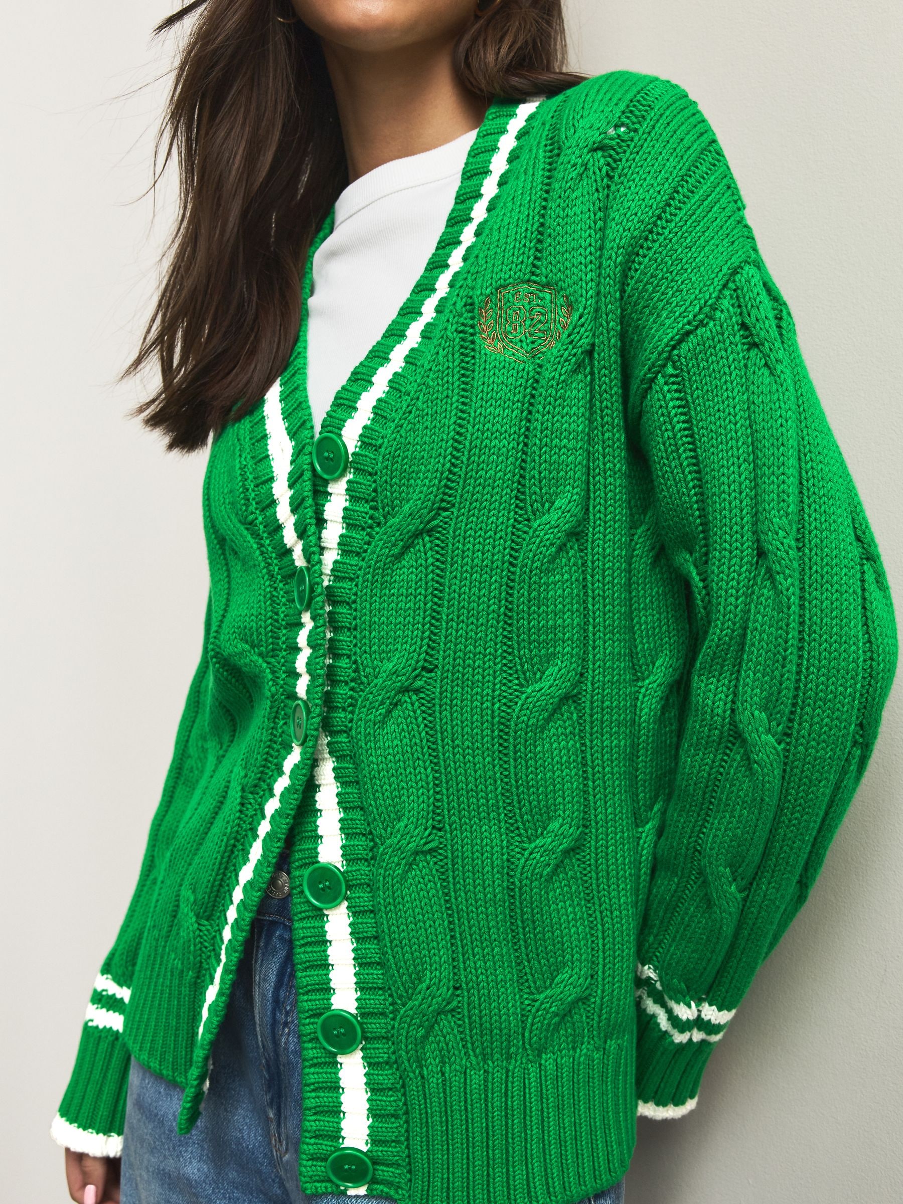 Buy Bright Green Tipped Cotton Cable Knit V-Neck Cardigan from