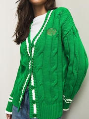 Bright Green Tipped Cotton Cable Knit V-Neck Cardigan - Image 5 of 8