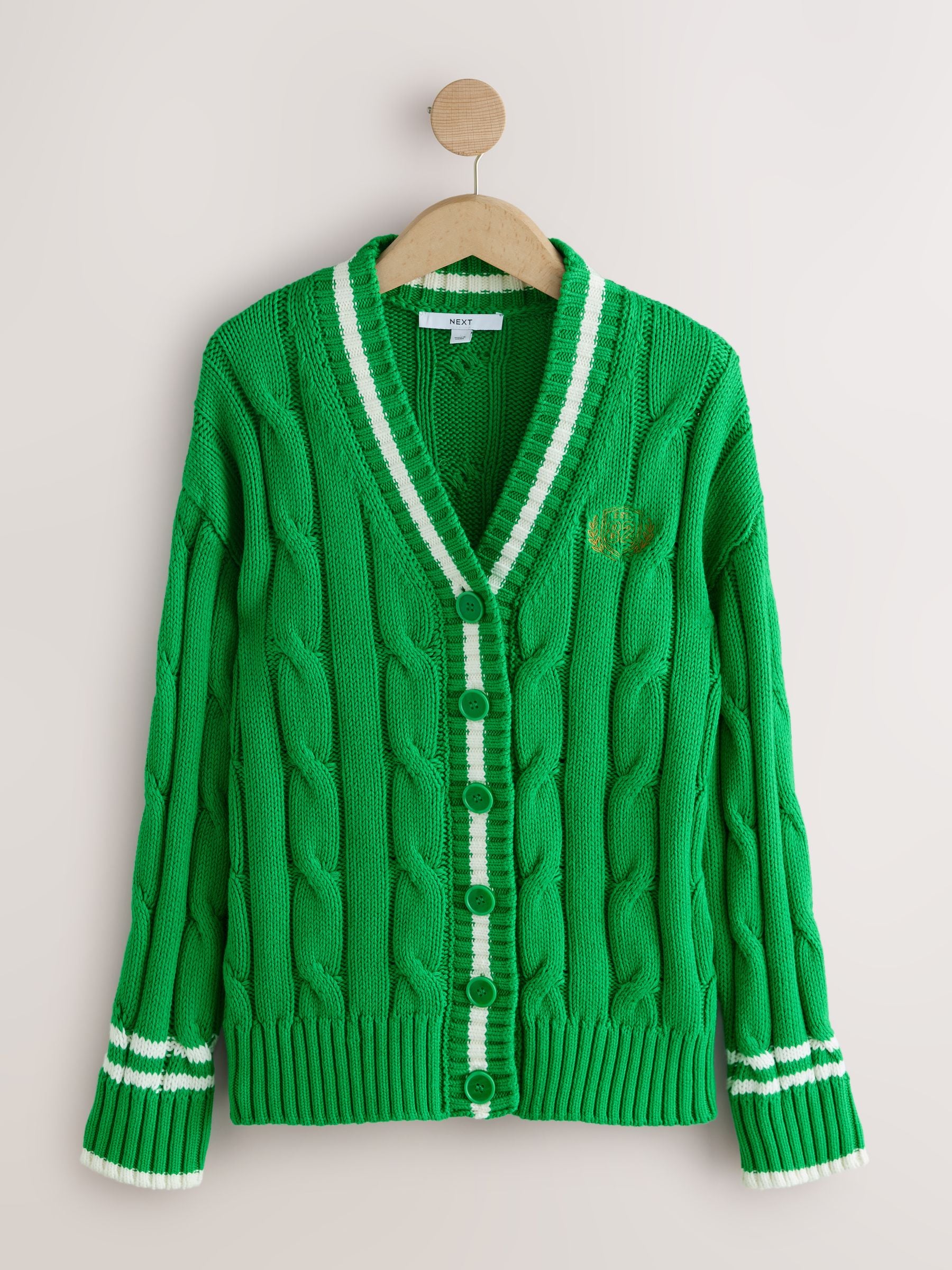 Buy Bright Green Tipped Cotton Cable Knit V-Neck Cardigan from