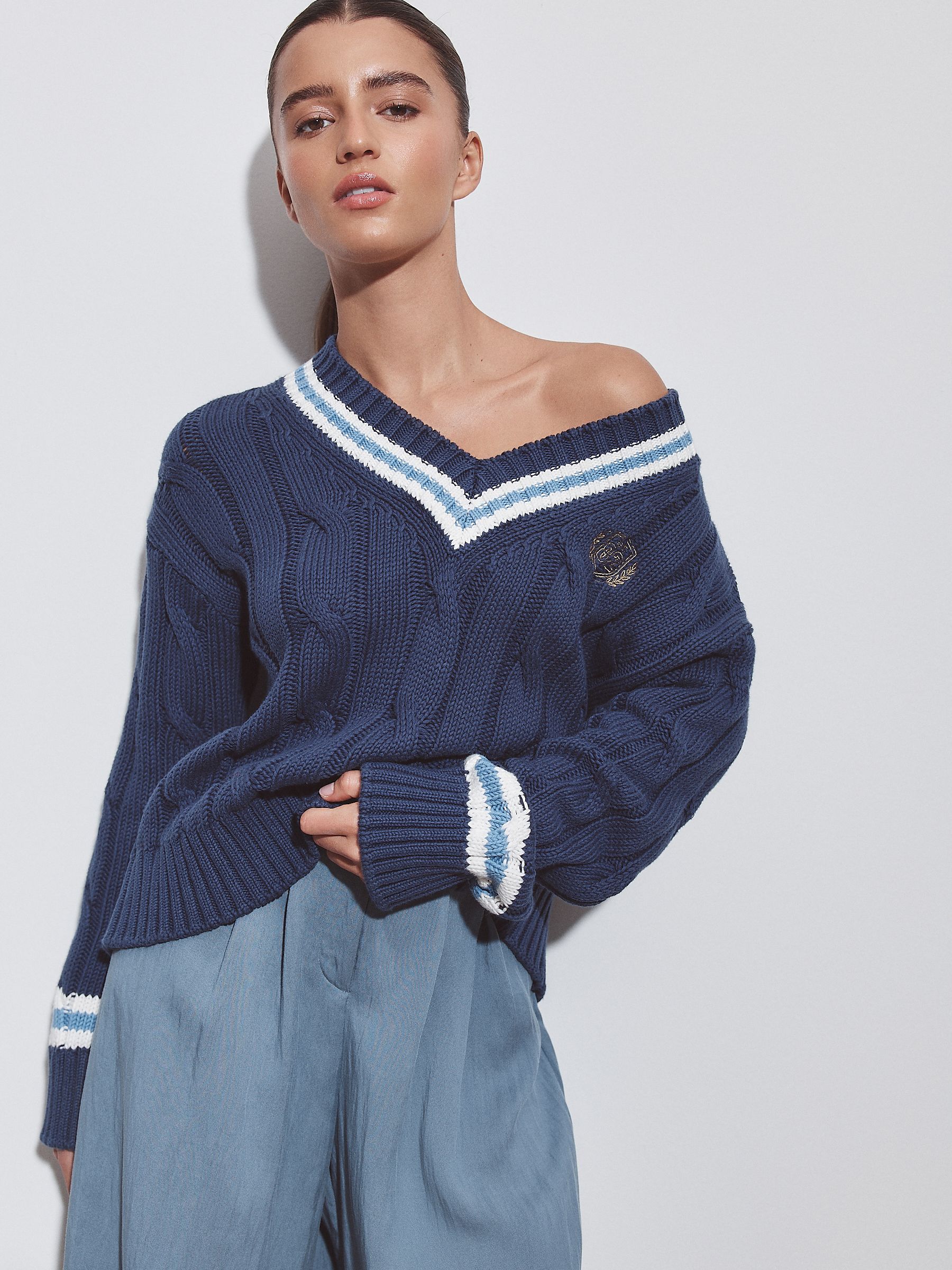 Buy Navy Blue Tipped Cotton Cable Knit V-Neck Jumper from Next USA