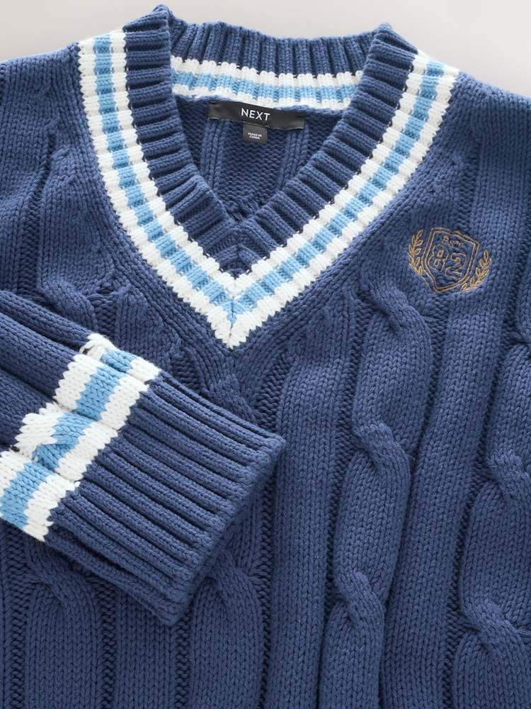 Marinblå tippad - Kabelstickad bomullsjumper med v-ringning - Bild 2 av 3