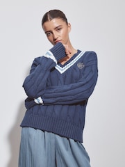 Navy Blue Tipped Cotton Cable Knit V-Neck Jumper - Image 4 of 9