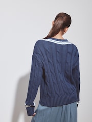 Navy Blue Tipped Cotton Cable Knit V-Neck Jumper - Image 5 of 9