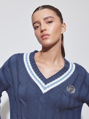 Navy Blue Tipped Cotton Cable Knit V-Neck Jumper - Image 6 of 9