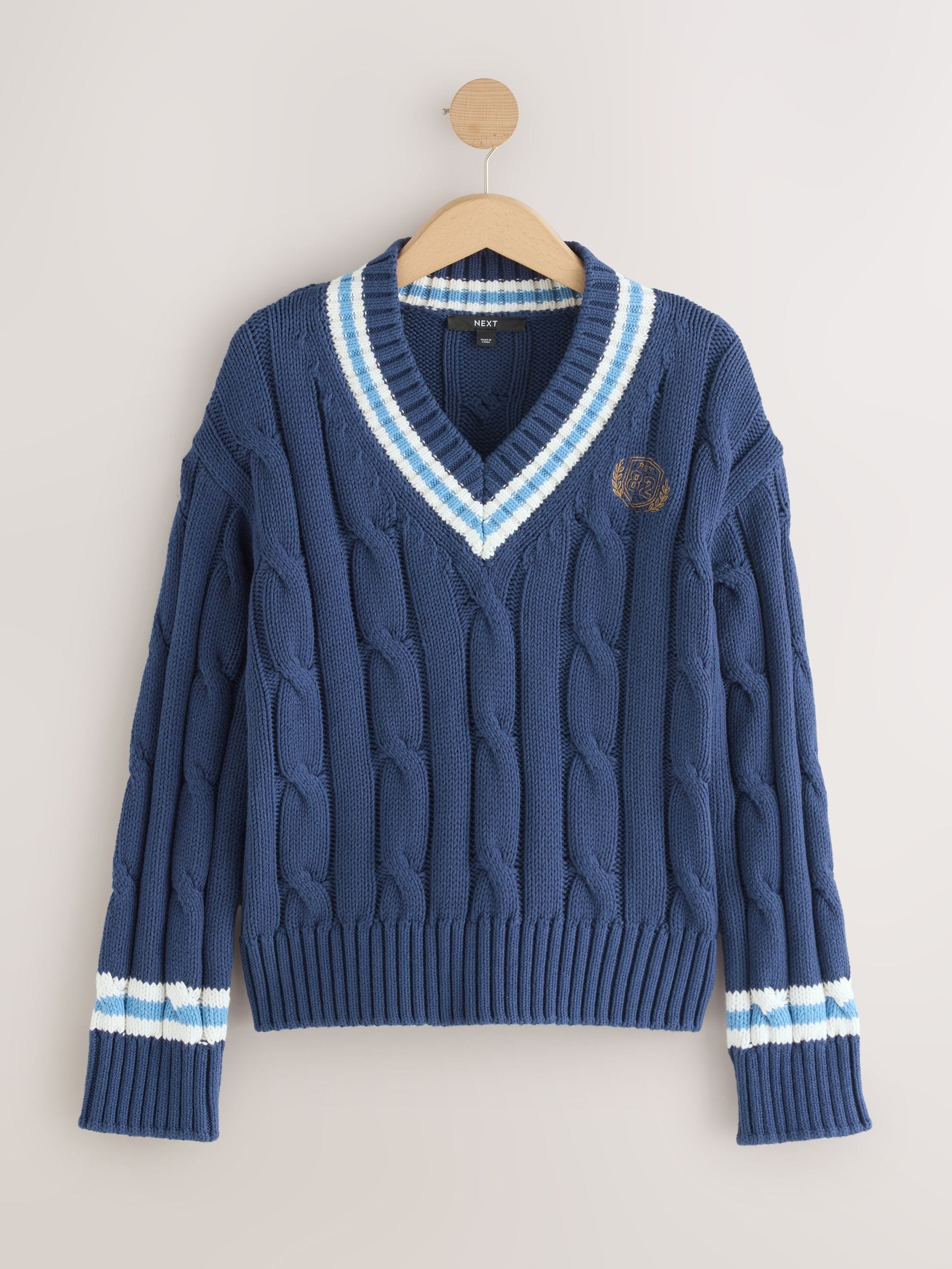 Buy Navy Blue Tipped Cotton Cable Knit V-Neck Jumper from Next USA