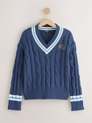 Navy Blue Tipped Cotton Cable Knit V-Neck Jumper - Image 7 of 9