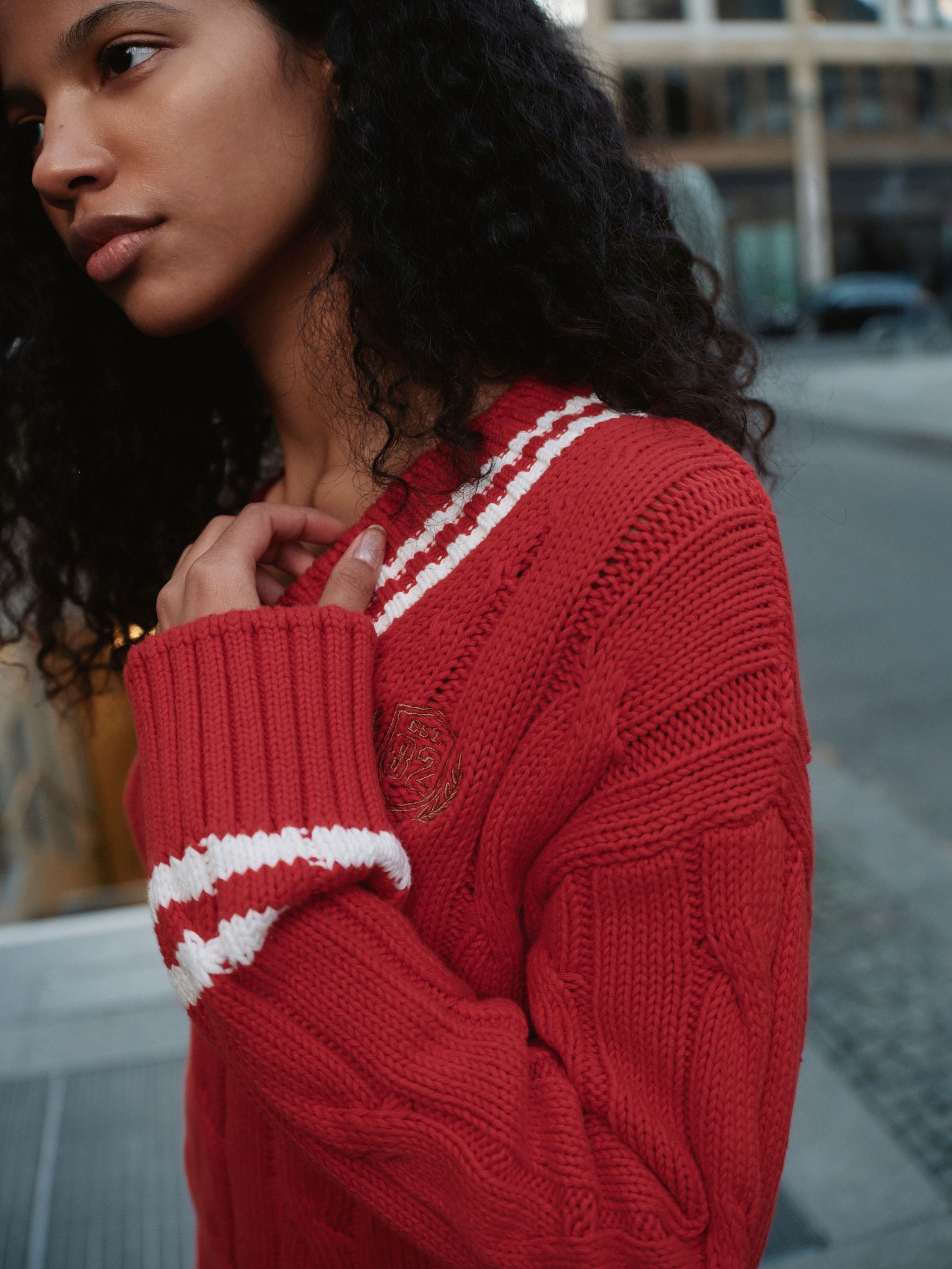 Buy Red Tipped Cotton Cable Knit V-Neck Jumper from the Next UK