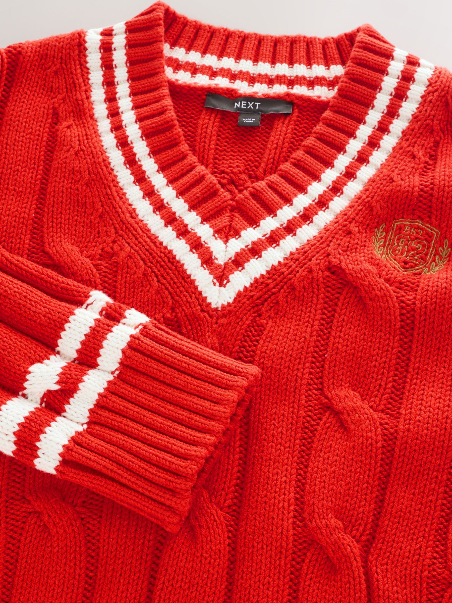 Buy Red Tipped Cotton Cable Knit V-Neck Jumper from Next USA