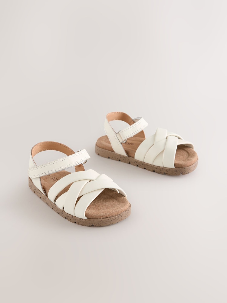 White Leather Woven Sandals with Touch Fastening - Image 1 of 5 White Leather Woven Sandals with Touch Fastening - Image 1 of 5